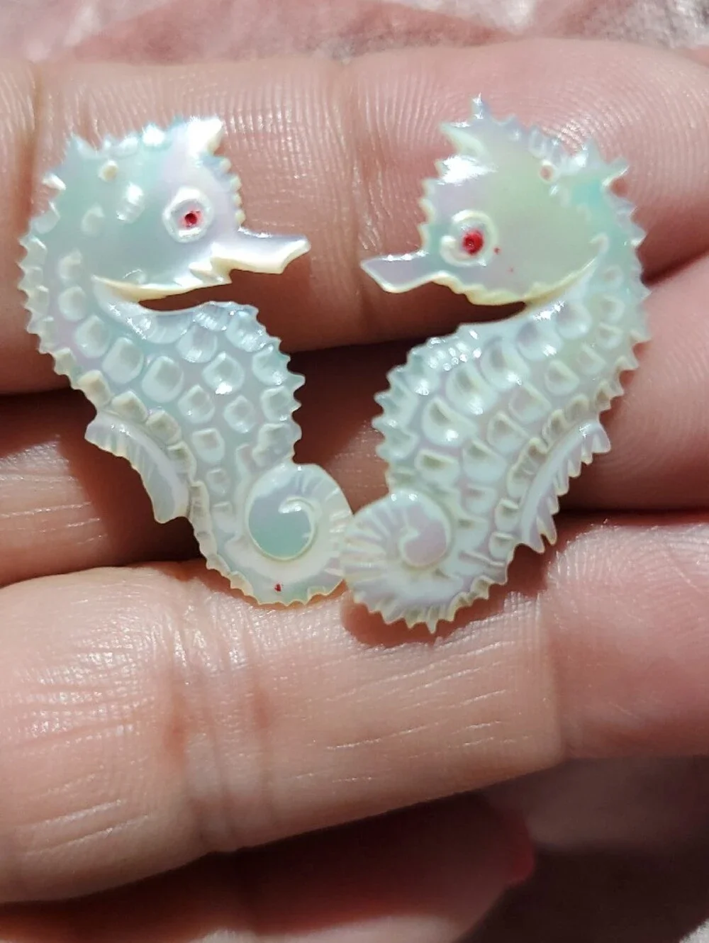 Vintage Iridescent Seahorse Earrings  Pearl Opal MOP Sheen Ocean Screw Backs MAR